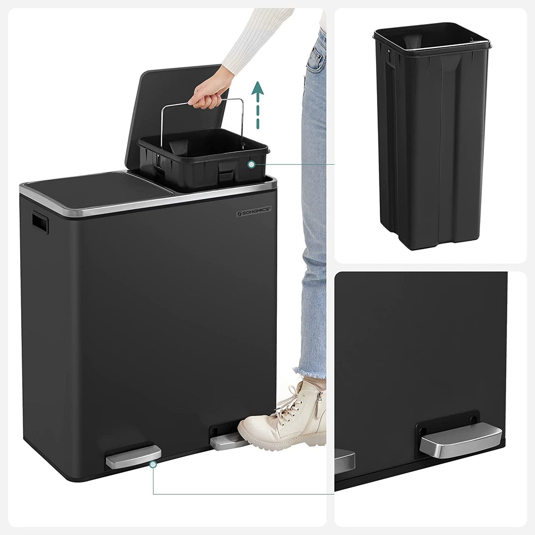 Airless metalna pedala dupla kanta za smeće, 2 x 30L, sa 15 vreća za smeće, crna | SONGMICS-Vasdom.hr