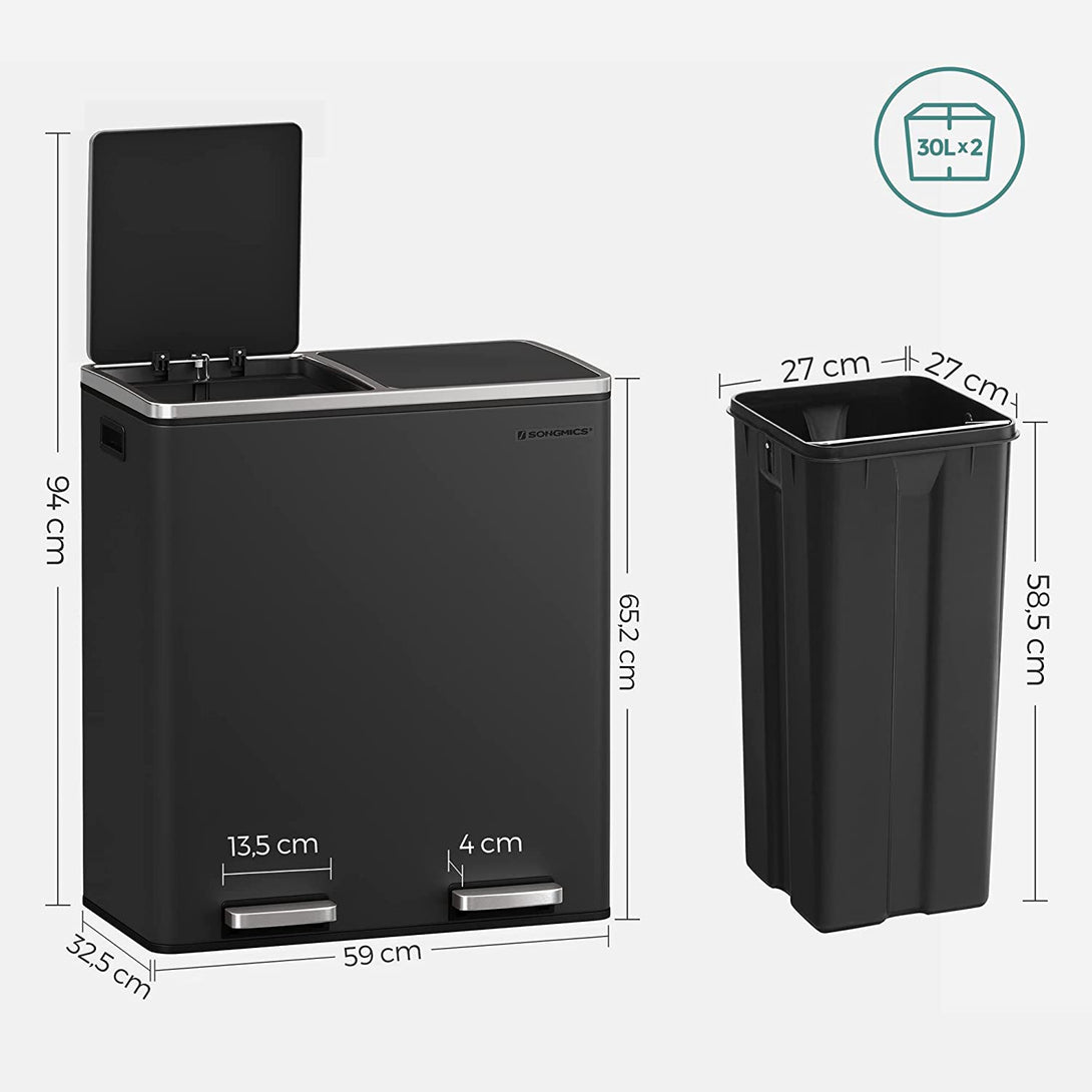 Airless metalna pedala dupla kanta za smeće, 2 x 30L, sa 15 vreća za smeće, crna | SONGMICS-Vasdom.hr