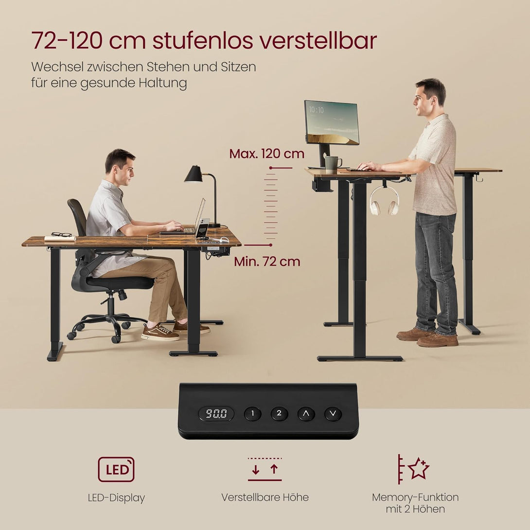 Električni stol, L-oblika, podesive visine, 140 x 160 cm, smeđe i crne boje | VASAGLE-Vasdom.hr