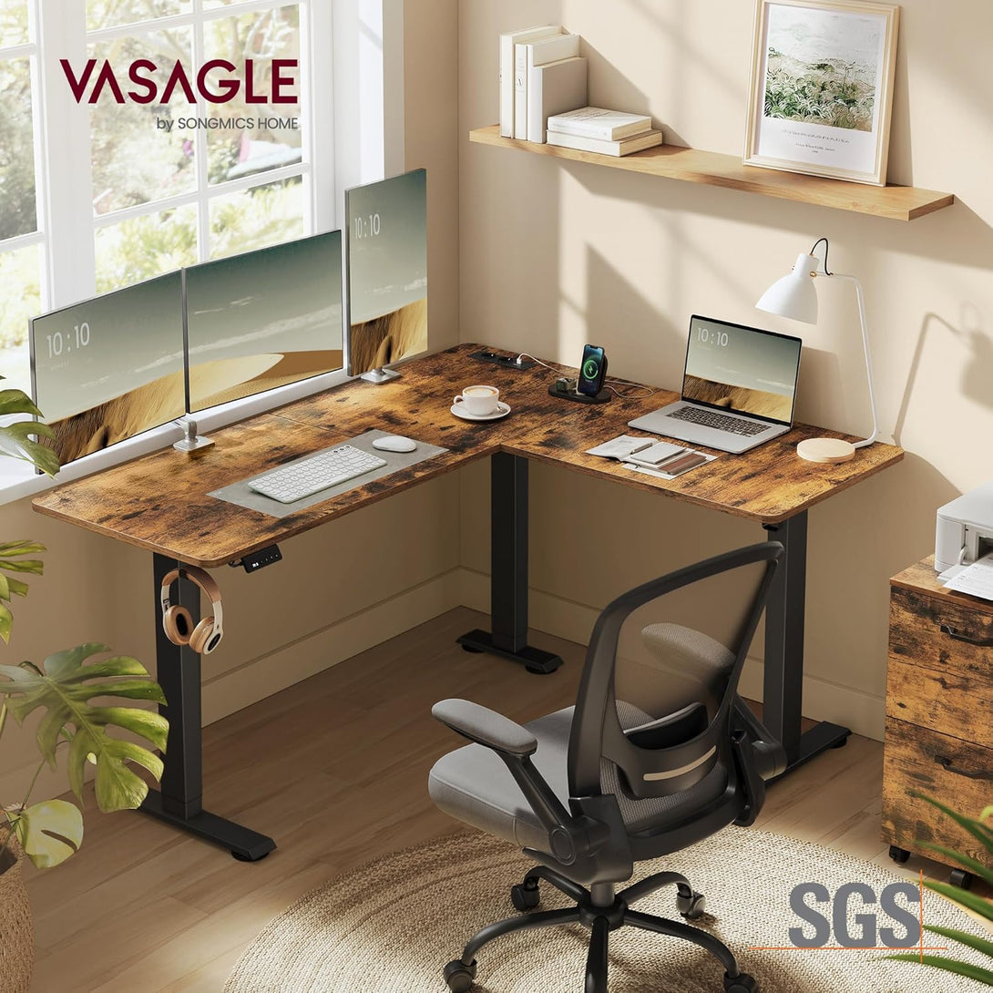 Električni stol, L-oblika, podesive visine, 140 x 160 cm, smeđe i crne boje | VASAGLE-Vasdom.hr