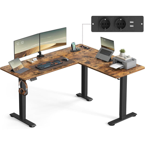 Električni stol, L-oblika, podesive visine, 140 x 160 cm, smeđe i crne boje | VASAGLE-Vasdom.hr