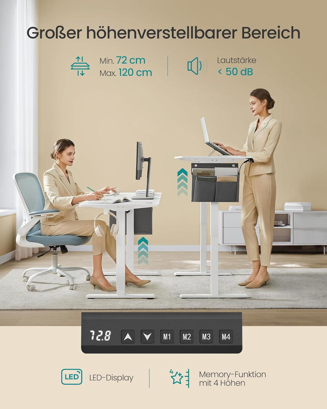 Električni stol podesive visine, 60 x 140 x 72–120 cm, bijeli | SONGMICS-Vasdom.hr