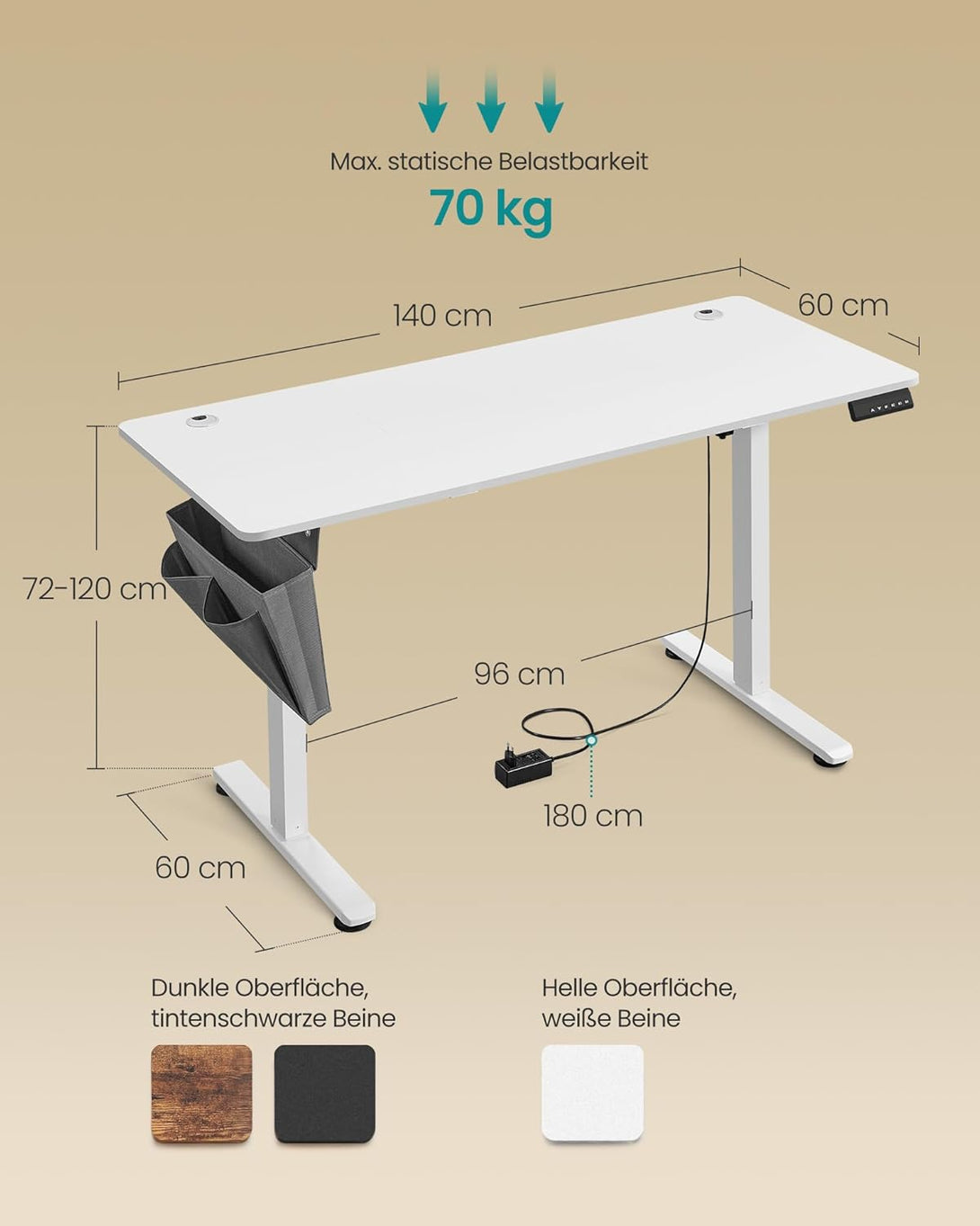 Električni stol podesive visine, 60 x 140 x 72–120 cm, bijeli | SONGMICS-Vasdom.hr