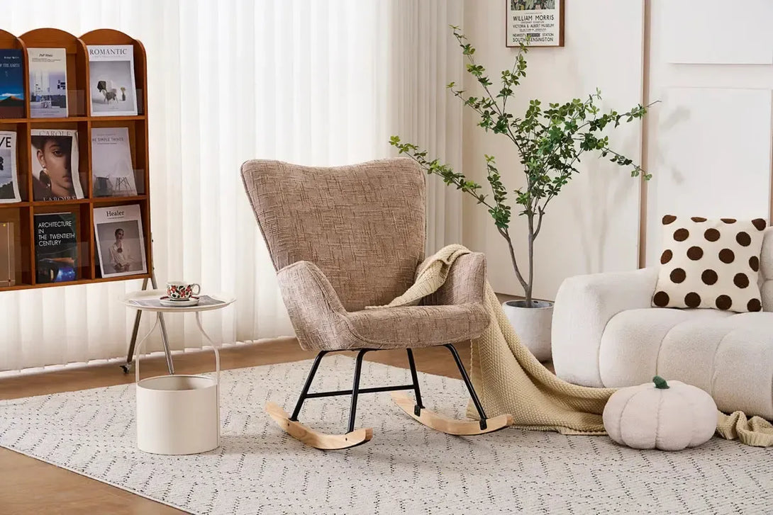 Fotelja za ljuljanje s presvlakom od rebrastog pliša, 98x71x101 cm, bež-khaki | VASHOME-Vasdom.hr