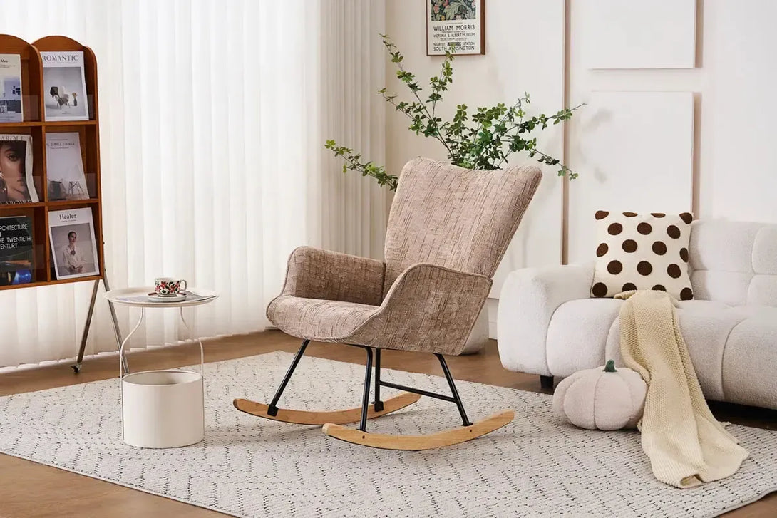 Fotelja za ljuljanje s presvlakom od rebrastog pliša, 98x71x101 cm, bež-khaki | VASHOME-Vasdom.hr