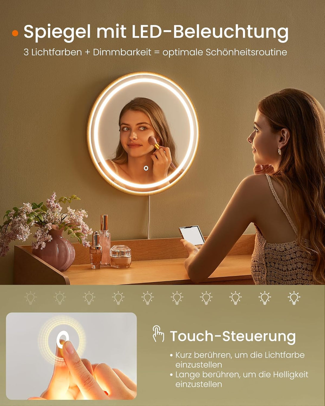 HOME BOHOVEN toaletni stolić s ogledalom i svjetlom, hrast bež boje | SONGMICS-Vasdom.hr