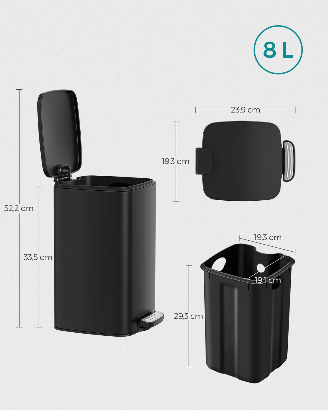 Kanta za otpad kapaciteta 8 l, 24 x 19,3 x 33,5 cm, crna | SONGMICS-Vasdom.hr