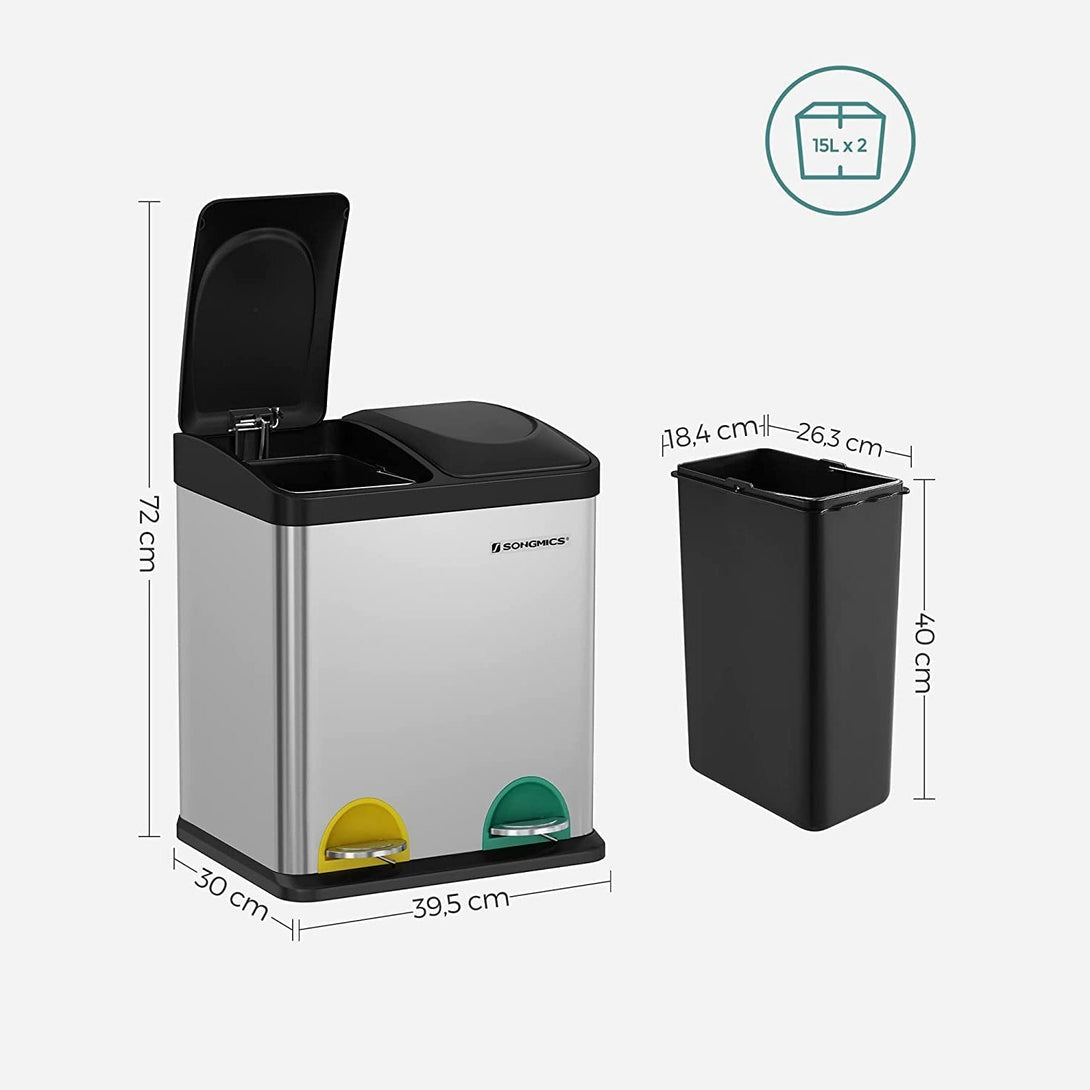 Kanta za smeće, selektivni sakupljač otpada, čelična, 30 litara, 2 x 15L | SONGMICS-Vasdom.hr