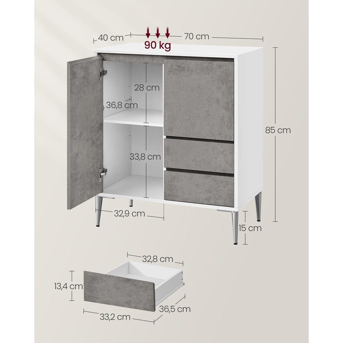 Komoda s 2 ladice, 2 odjeljka s vratima, 40 x 70 x 85 cm, sivo-bijele boje | VASAGLE-Vasdom.hr