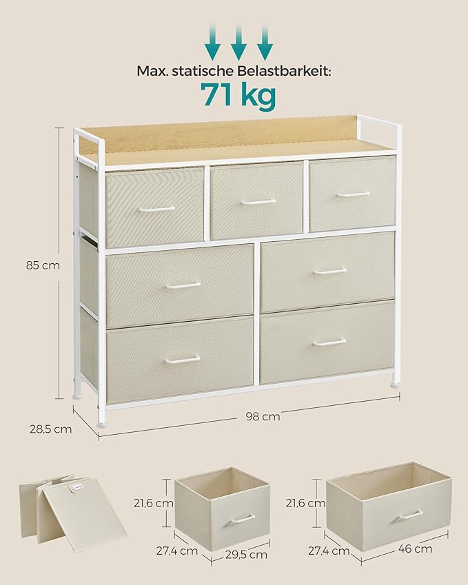 Komoda s 7 ladica od tkanine s ručkama, 28,5 x 98 x 85 cm, krem i bijela | SONGMICS-Vasdom.hr