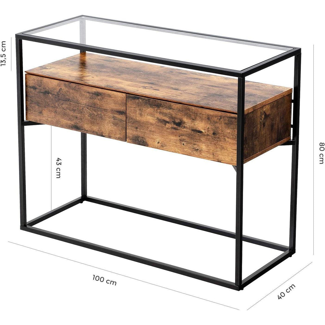 konzolni stol, stol od kaljenog stakla s 2 ladice, 100 x 40 x 80 cm rustikalno smeđa | VASAGLE-Vasdom.hr