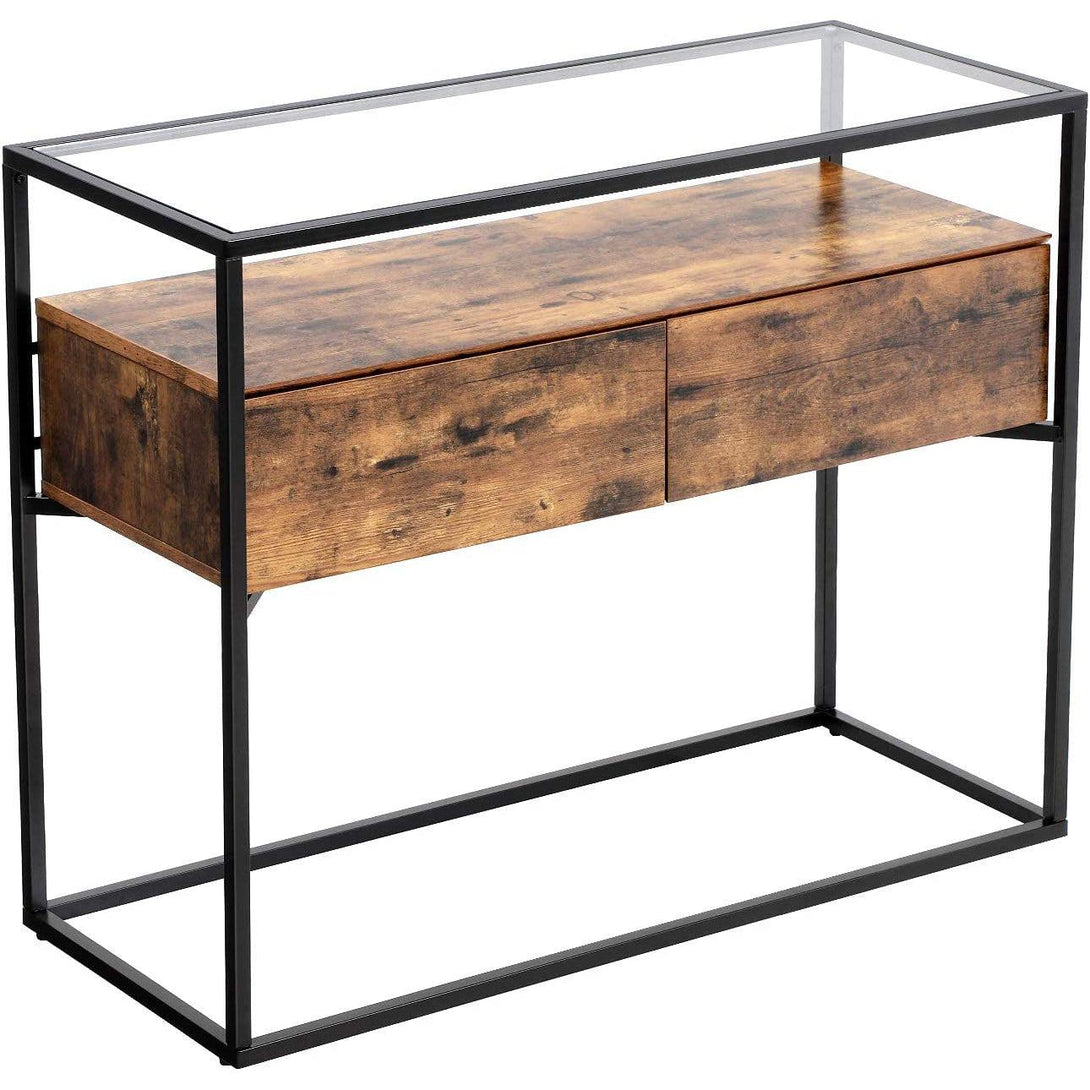 konzolni stol, stol od kaljenog stakla s 2 ladice, 100 x 40 x 80 cm rustikalno smeđa | VASAGLE-Vasdom.hr
