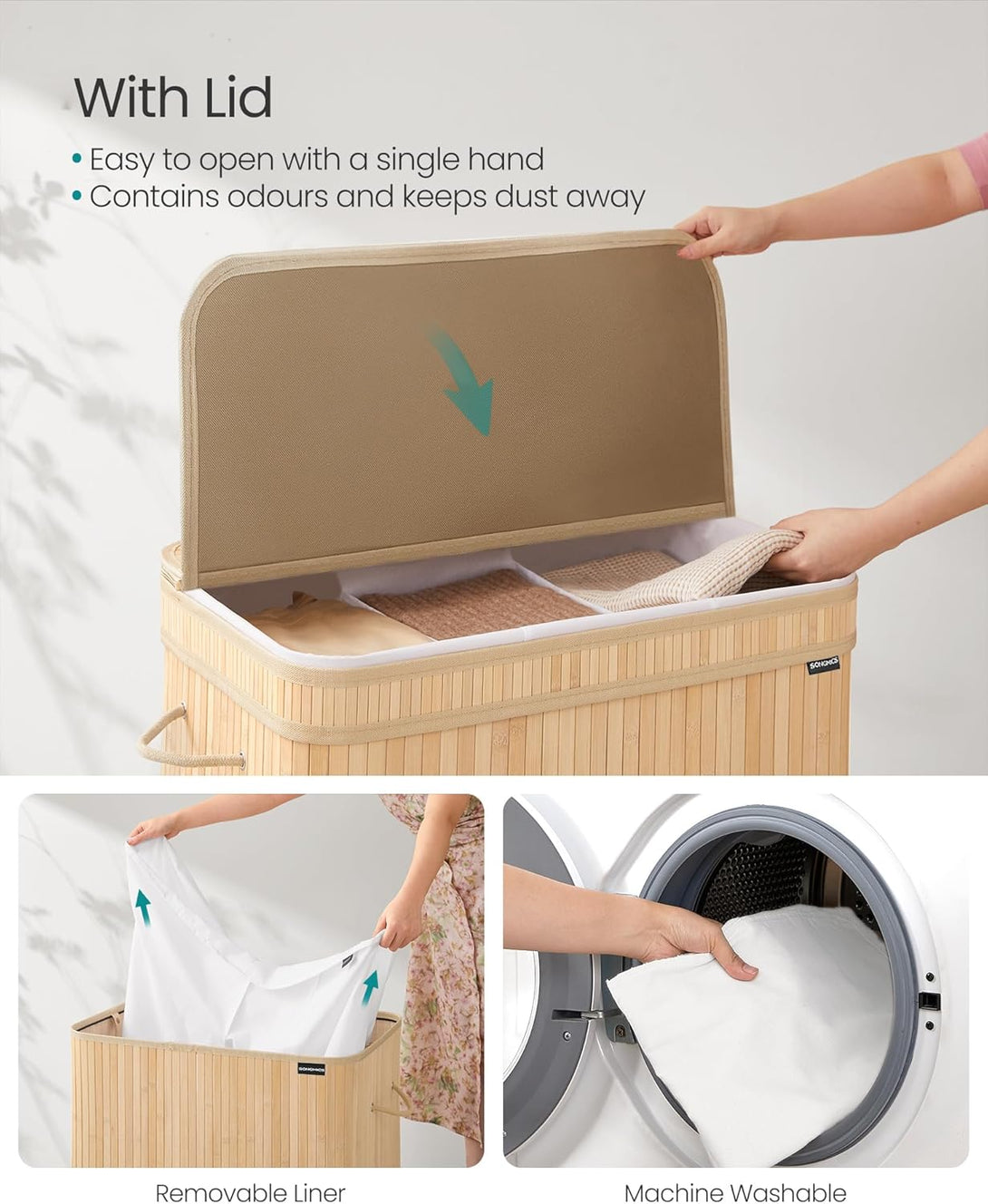 Košara za rublje od bambusa, 41,5 x 62,5 x 61 cm, 150 l, prirodno bež boje | SONGMICS-Vasdom.hr