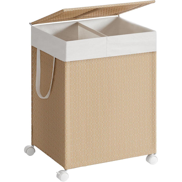 Košara za rublje s 2 pregrade, 46.5 x 37.5 x 65 cm, bež i bijele boje | SONGMICS