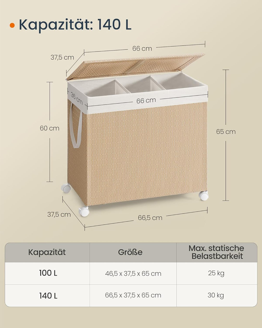 Košara za rublje s 3 pretinca, 66.5 x 37.5 x 65 cm, bež i bijele boje | SONGMICS-Vasdom.hr