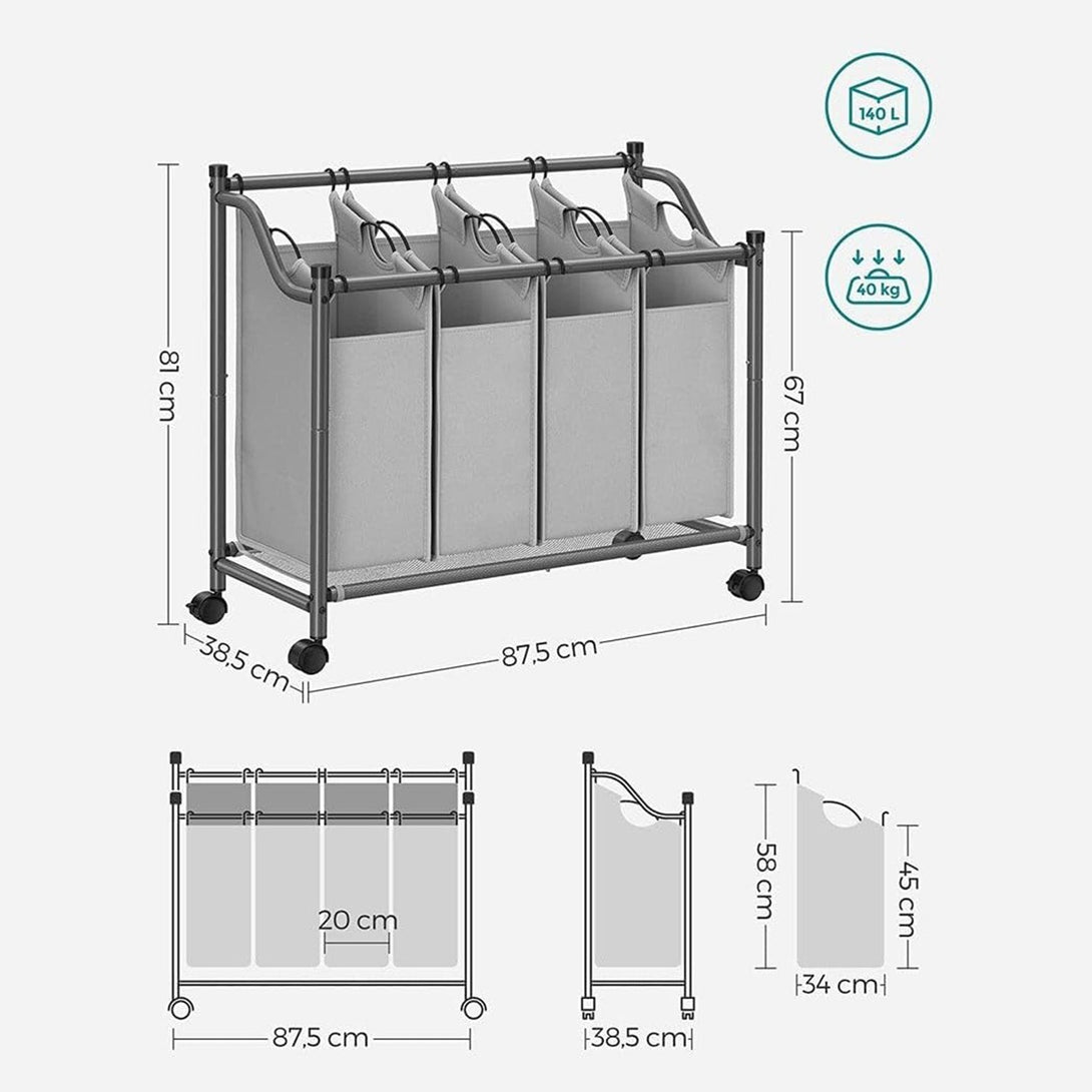 Košara za rublje s kotačima, 4 vreće koje se mogu izvaditi, 4 x 35L, siva | SONGMICS-Vasdom.hr