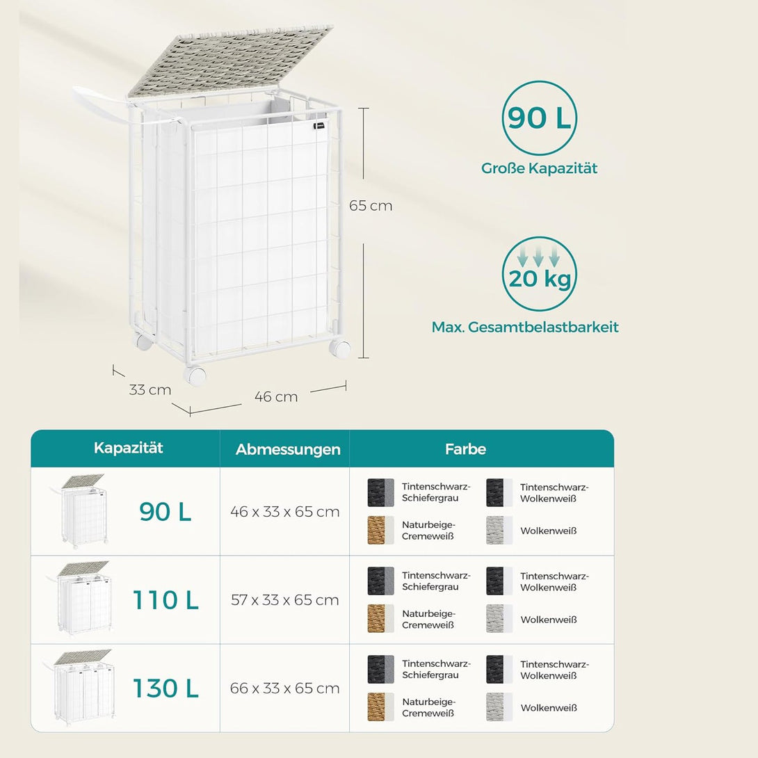 Košara za rublje s kotačima, kapaciteta 90 L, 46 x 33 x 65 cm, bijela | SONGMICS-Vasdom.hr