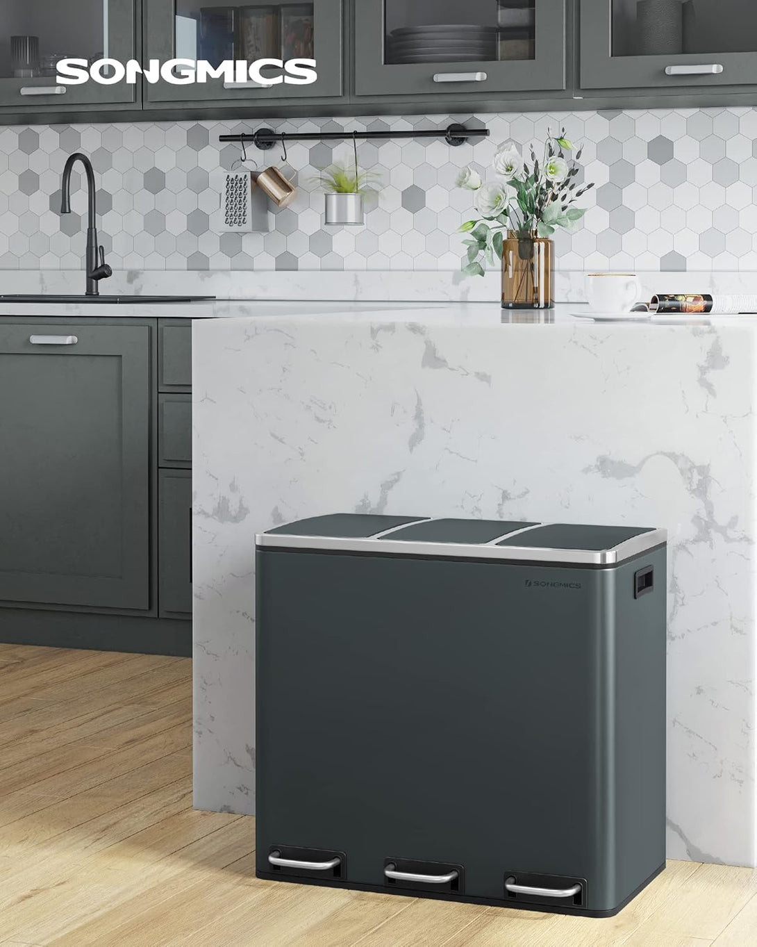 Kuhinjska kanta s 3 pretinca, 3 x 18 l, 61,5 x 31,5 x 56 cm, zeleno siva | SONGMICS-Vasdom.hr