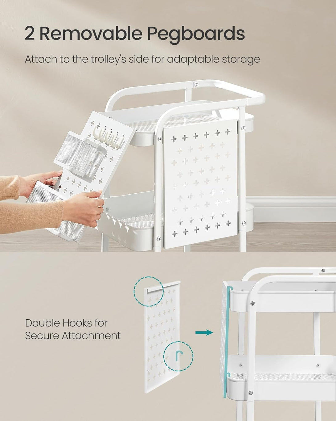 Kuhinjska kolica s 3 police, 2 viseće košare i 4 kuke, 32,3 x 49,4 x 73,9 cm, bijela | VASAGLE-Vasdom.hr