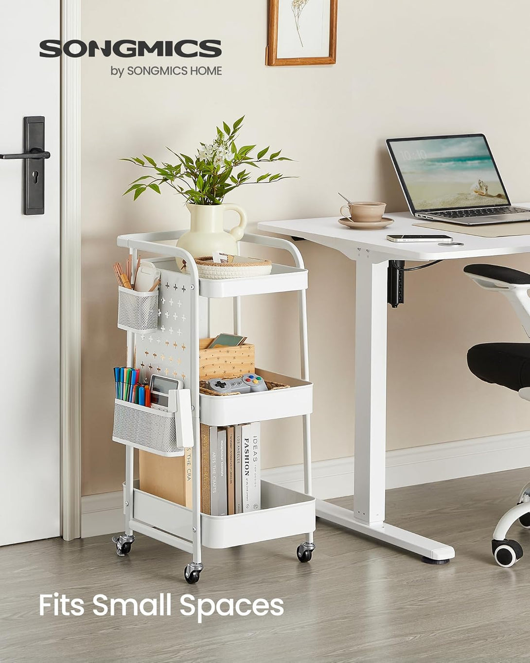 Kuhinjska kolica s 3 police, 2 viseće košare i 4 kuke, 32,3 x 49,4 x 73,9 cm, bijela | VASAGLE-Vasdom.hr