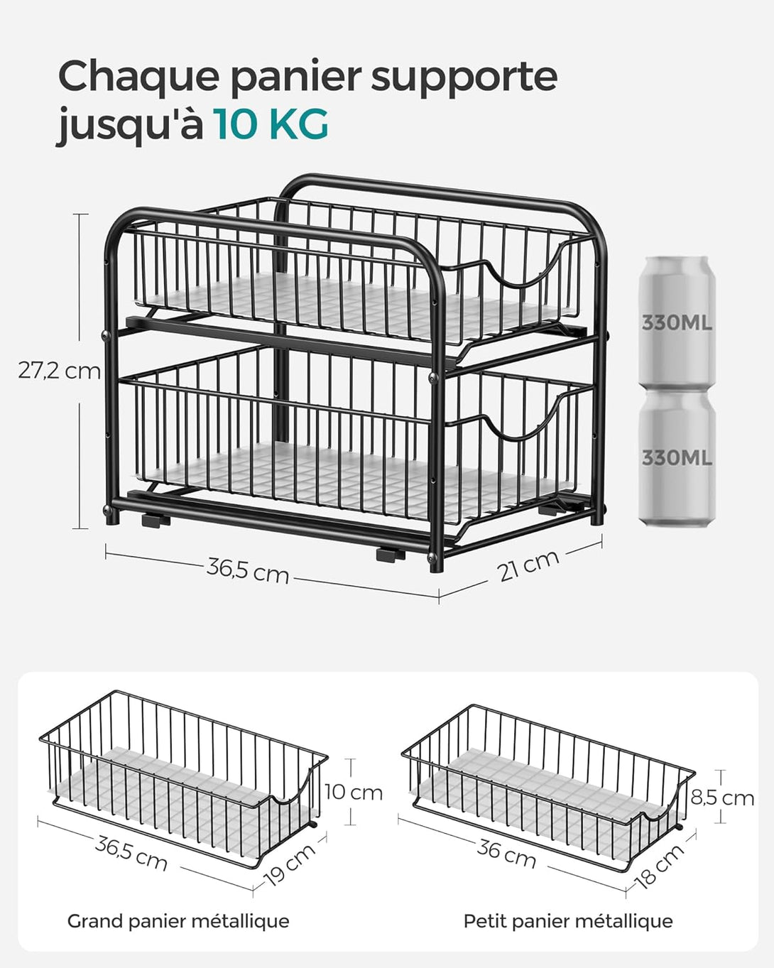 Kuhinjski organizator na 2 etaže, 21 x 36,5 x 27,3 cm, crne boje | SONGMICS-Vasdom.hr