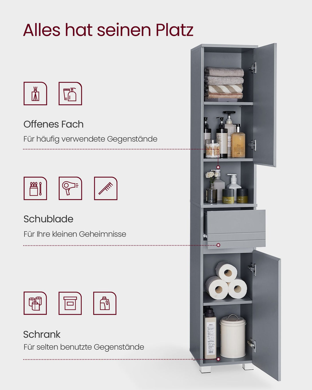 Kupaonski ormariá s ladicom i policama, 30 x 30 x 170 cm, sive boje | SONGMICS-Vasdom.hr