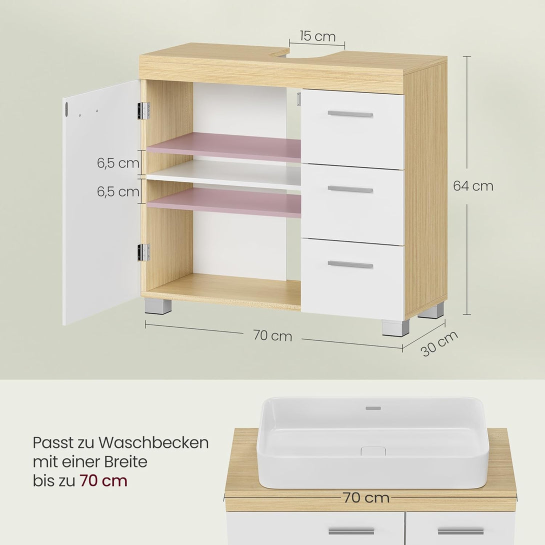 Kupaonski ormarić za ispod umivaonika s 3 ladice, 30 x 70 x 64 cm, bijelo-bež | VASAGLE-Vasdom.hr