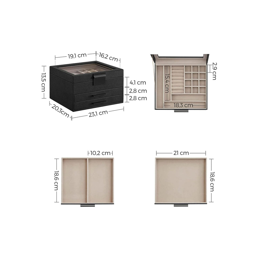 Kutija za nakit sa staklenim poklopcem i 2 ladice, 23x20x13,5 cm, crna-srebrna| SONGMICS-Vasdom.hr