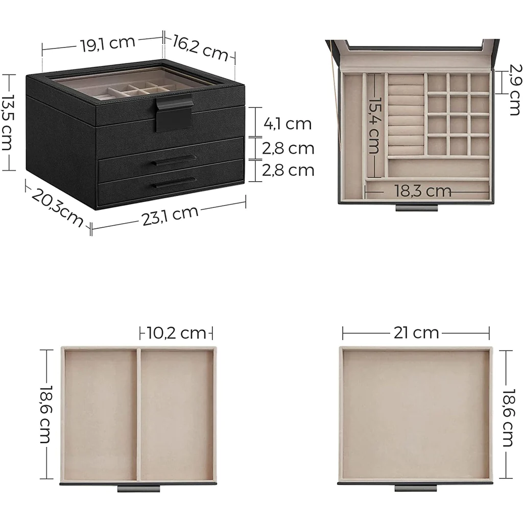 Kutija za nakit sa staklenim poklopcem i 2 ladice, 23x20x13,5 cm, crna-srebrna| SONGMICS-Vasdom.hr