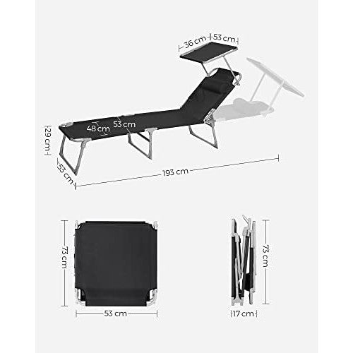 Ležaljka s naslonom za glavu, podrškom za leđa i suncobranom, crna | SONGMICS-Vasdom.hr