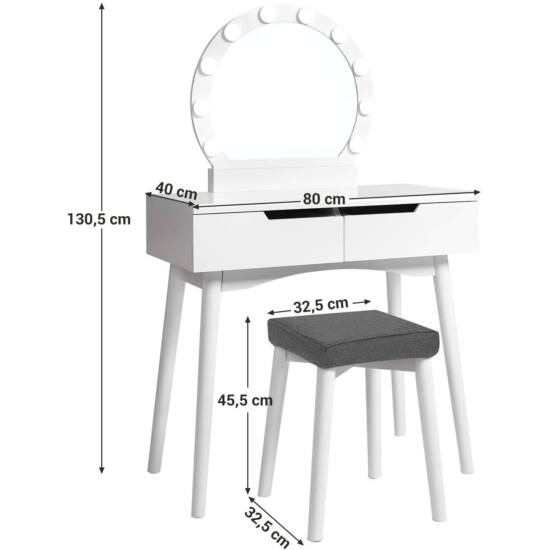 Mali toaletni stol s lampama, ogledalom i tapeciranom stolicom, bijele boje | VASAGLE-Vasdom.hr