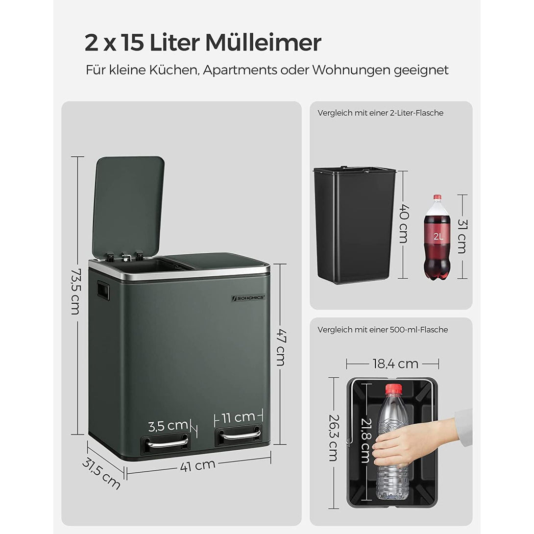 Metalna kanta za smeće 30 litara, 2 kontejnera za otpad od 15 litara, siva | SONGMICS-Vasdom.hr