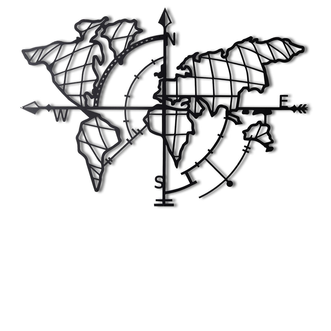 Metalna zidna dekoracija, World Map Compass Led - Black-Vasdom.hr