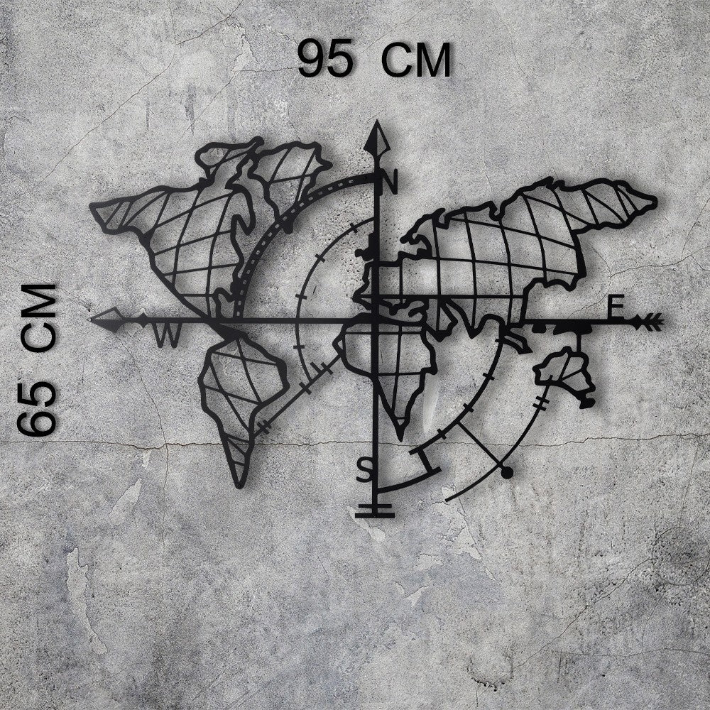 Metalna zidna dekoracija, World Map Compass Led - Black-Vasdom.hr