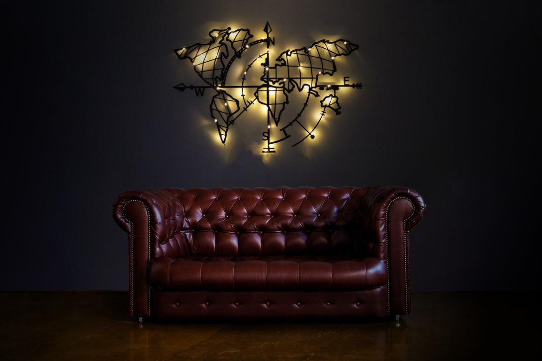 Metalna zidna dekoracija, World Map Compass Led - Black-Vasdom.hr