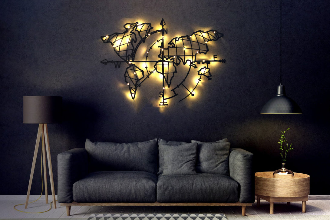 Metalna zidna dekoracija, World Map Compass Led - Black-Vasdom.hr