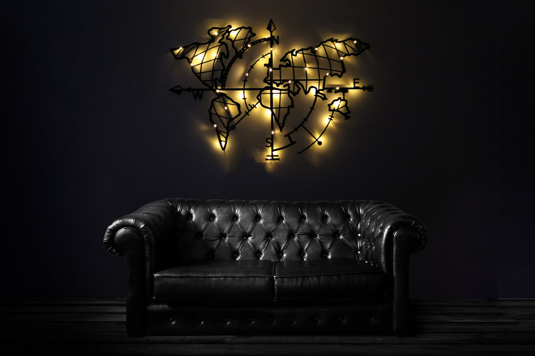 Metalna zidna dekoracija, World Map Compass Led - Black-Vasdom.hr