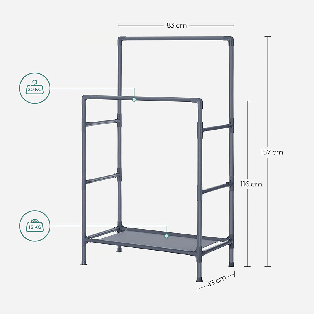 Metalni stalak za odjeću s 2 šipke i policom, 84 x 157 x 44,5 cm, sivi | SONGMICS-Vasdom.hr