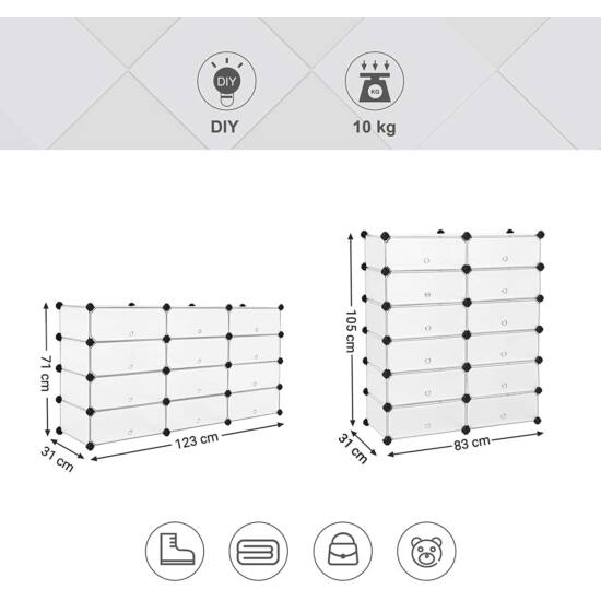 Modularni, plastični stalak za cipele s 12 pretinaca, svaki pretinac 40x30x17cm, bijeli | SONGMICS-Vasdom.hr