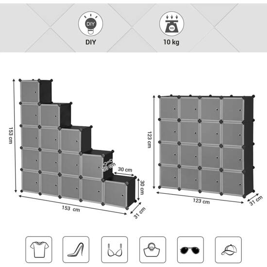 Modularni sustav za pohranu, stalak za cipele s 15 pretinaca, prozirno-crni | SONGMICS-Vasdom.hr