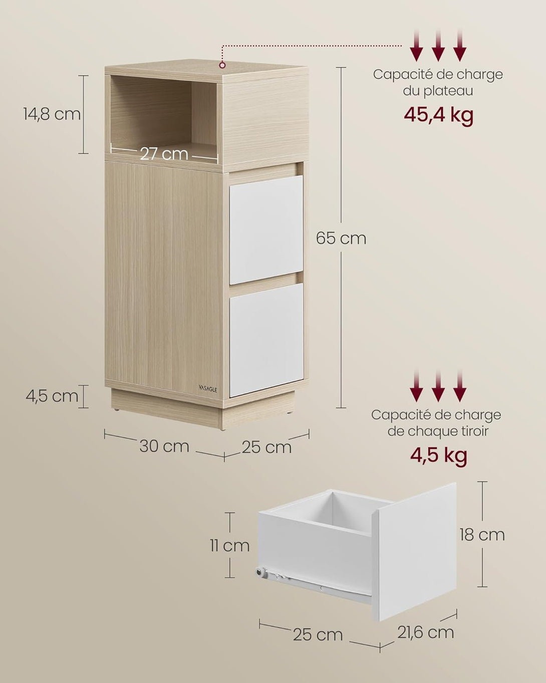 Noćni ormarić s 2 ladice, 30 x 25 x 65 cm, bež i bijele boje | VASAGLE-Vasdom.hr