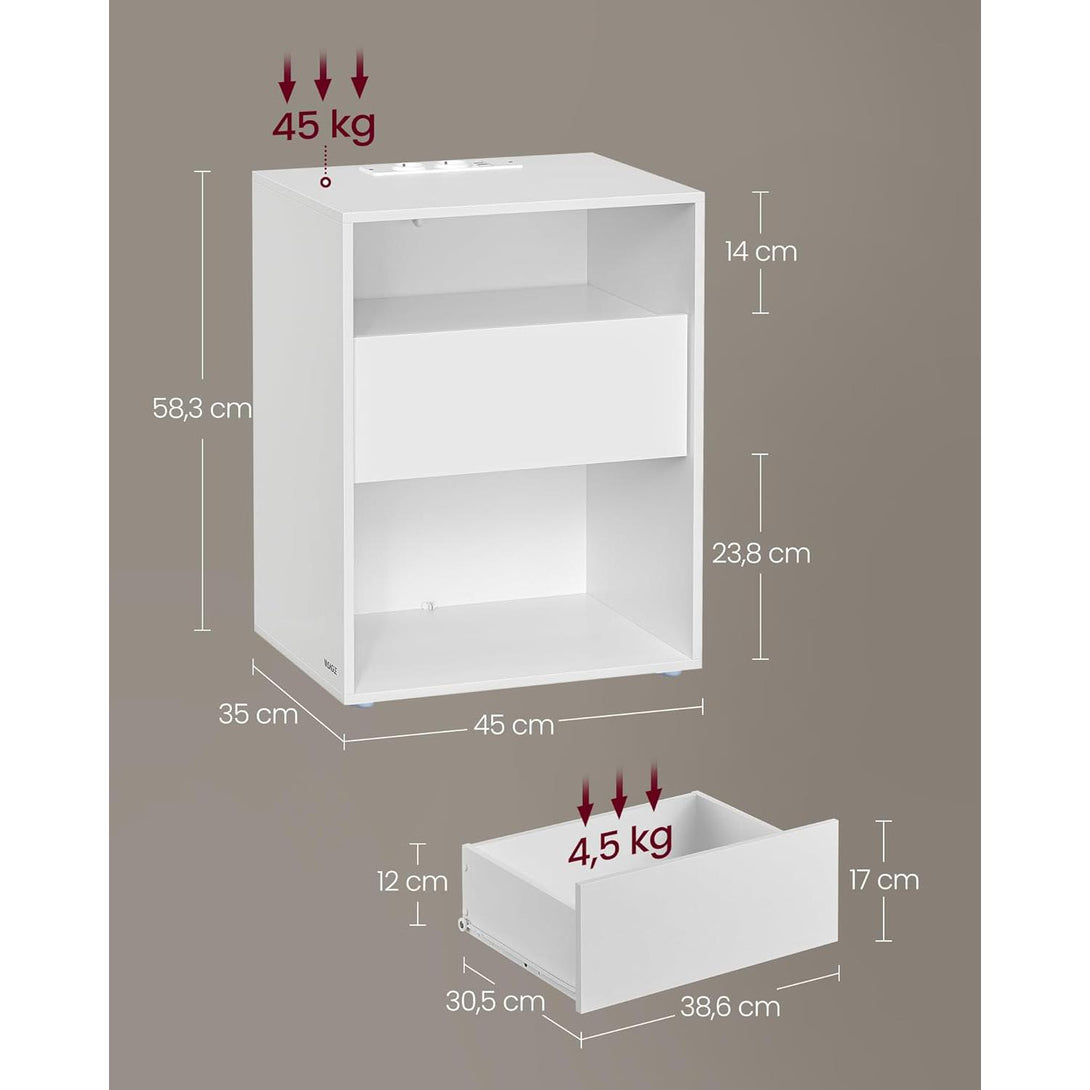 Noćni ormarić s funkcijom punjača i ladicom, 35 x 45 x 58.3 cm, mat bijeli | VASAGLE-Vasdom.hr