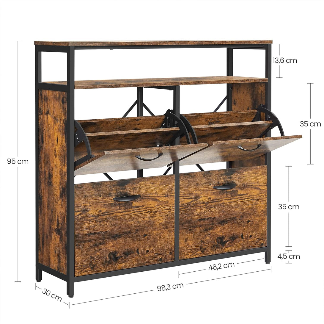 Ormar s 4 pretinca za cipele i policom na 2 razine, 98x30x95cm, rustikalno smeđi | VASAGLE-Vasdom.hr