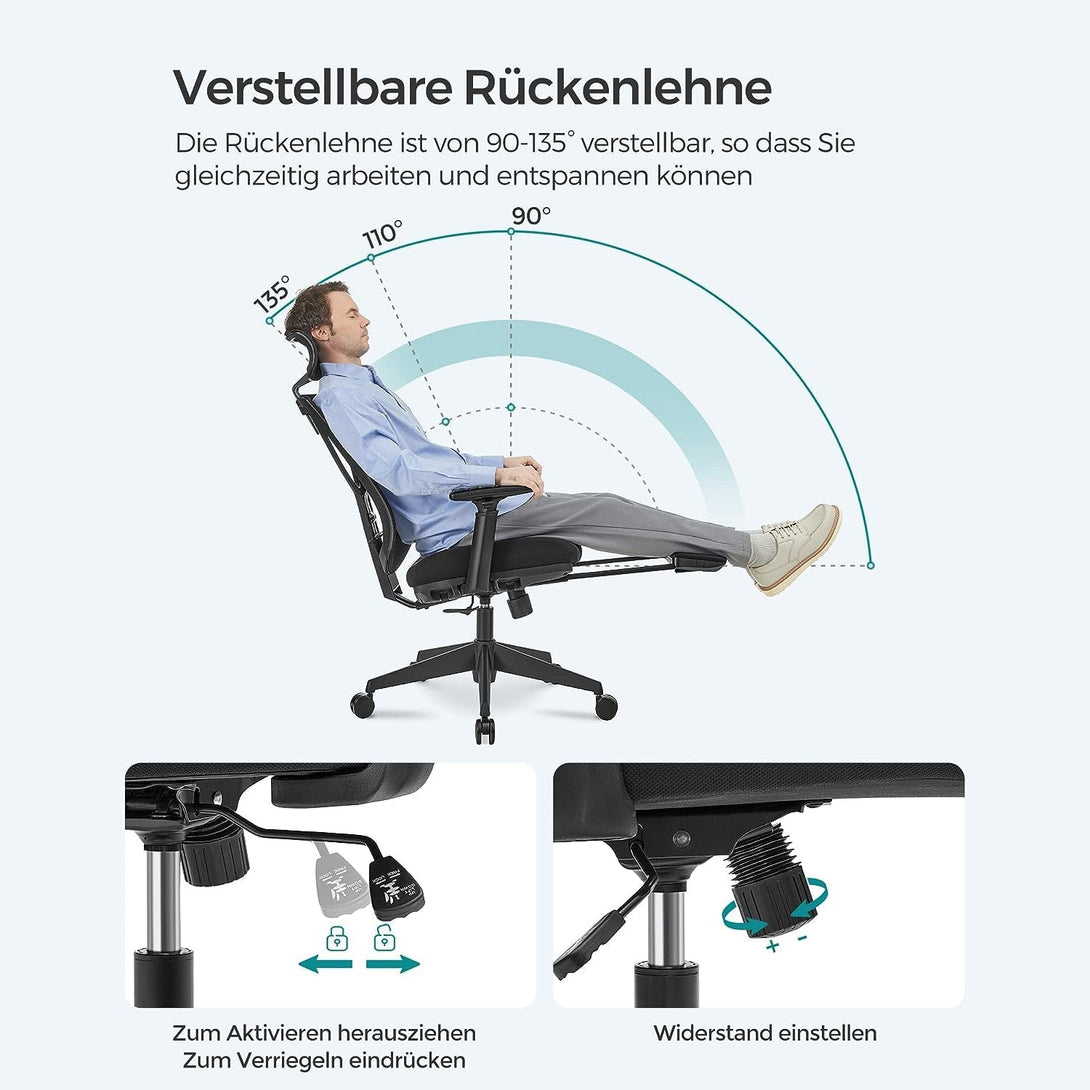 Podesiva ergonomska uredska stolica s osloncem za noge, glavu i ruke, crna | SONGMICS-Vasdom.hr