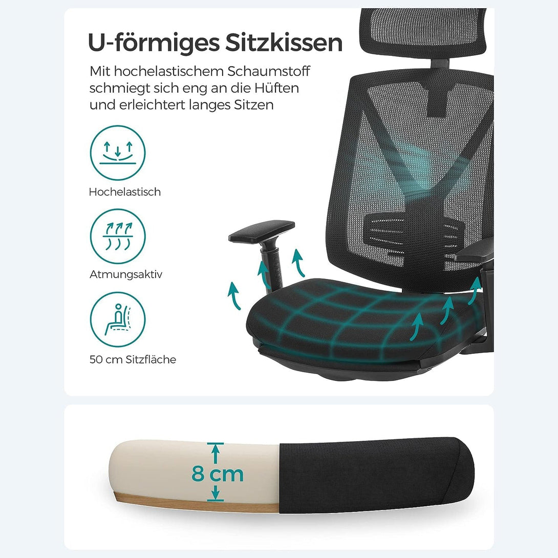 Podesiva ergonomska uredska stolica s osloncem za noge, glavu i ruke, crna | SONGMICS-Vasdom.hr