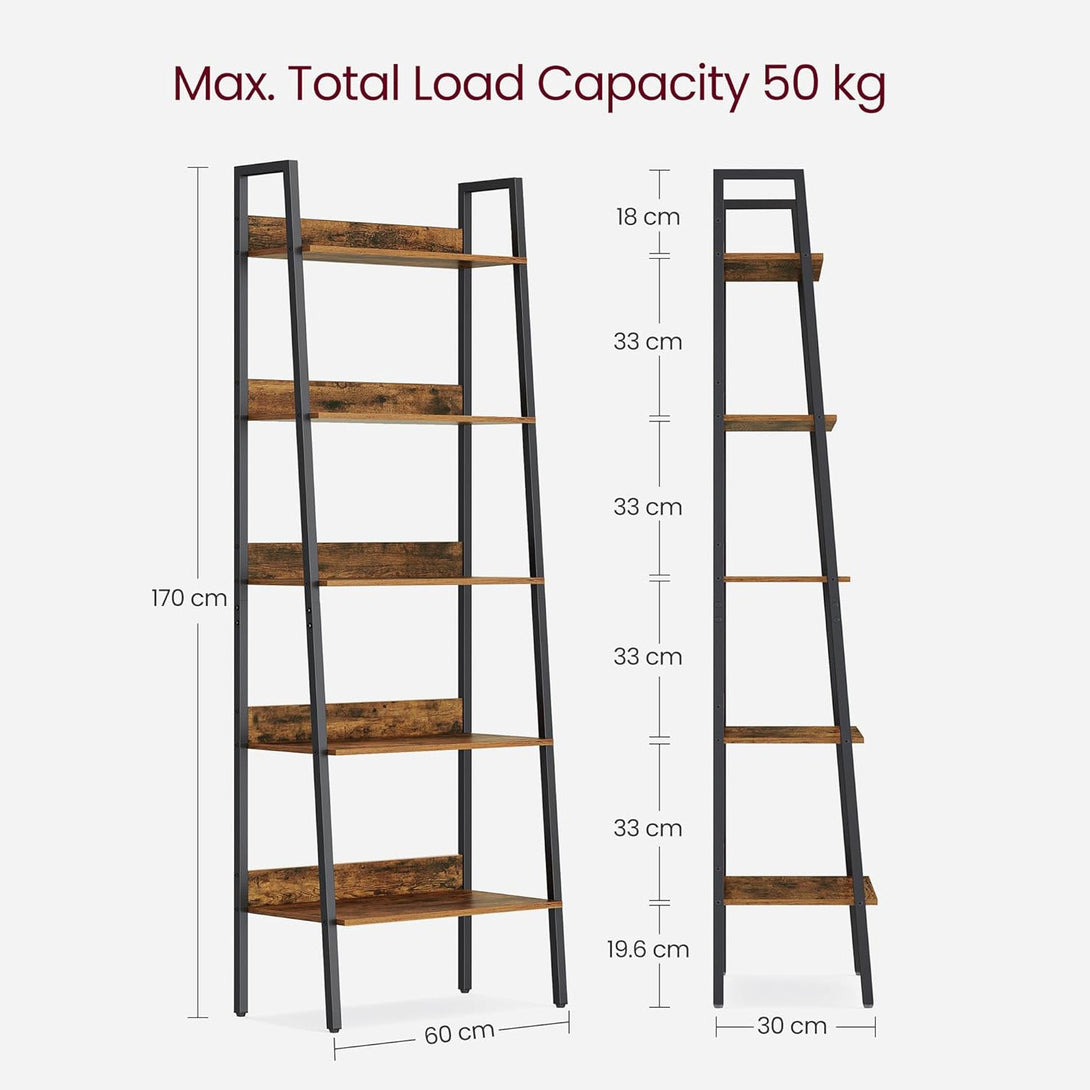 Polica s ljestvama, uska polica za knjige na 5 razina, rustikalno smeđa | VASAGLE-Vasdom.hr