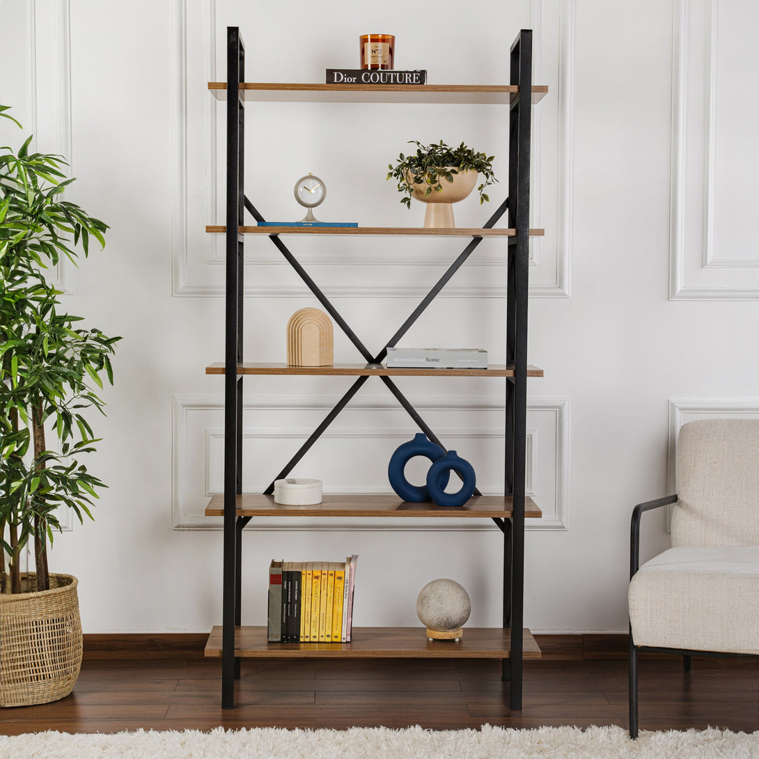 Polica za knjige Elysian - Walnut, Black-Vasdom.hr