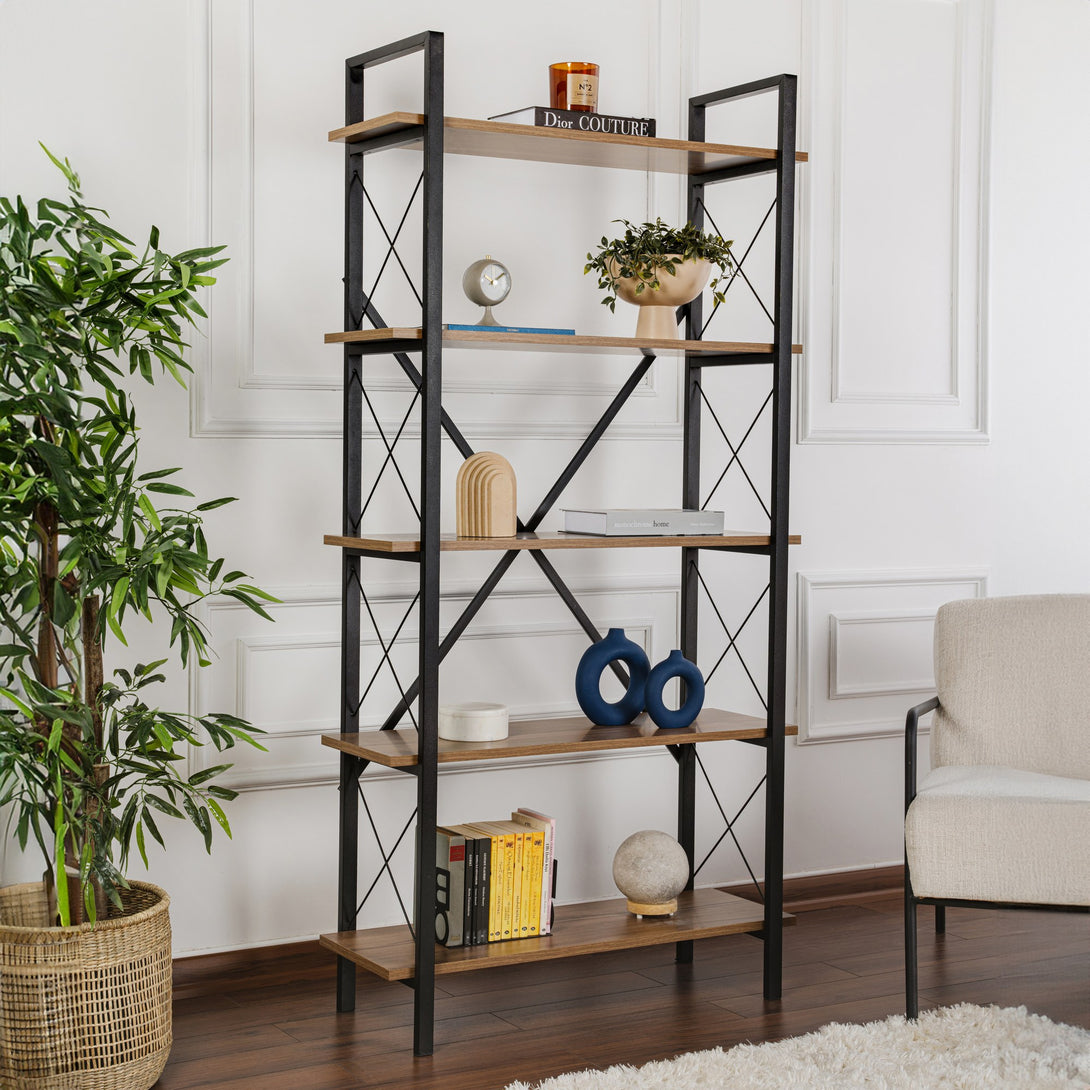 Polica za knjige Elysian - Walnut, Black-Vasdom.hr