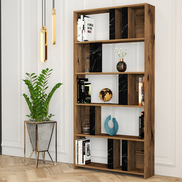 Polica za knjige Lima - Walnut, Black Marble-Vasdom.hr
