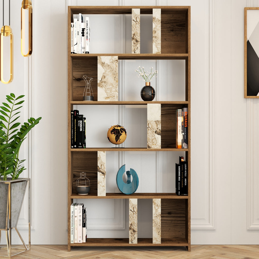 Polica za knjige Lima - Walnut, White Marble-Vasdom.hr